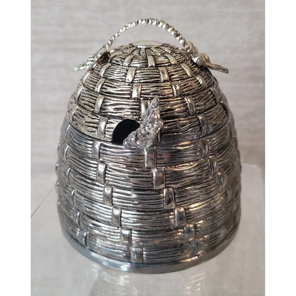 Godinger Art Beehive Honey Pot w/ Lid & Bee Honey Dipper Silver Plate Complete